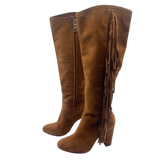 Lauren Ralph Lauren Camel Suede and Leather Fringe High Heel Boots Size 7 - Picture 3 of 11